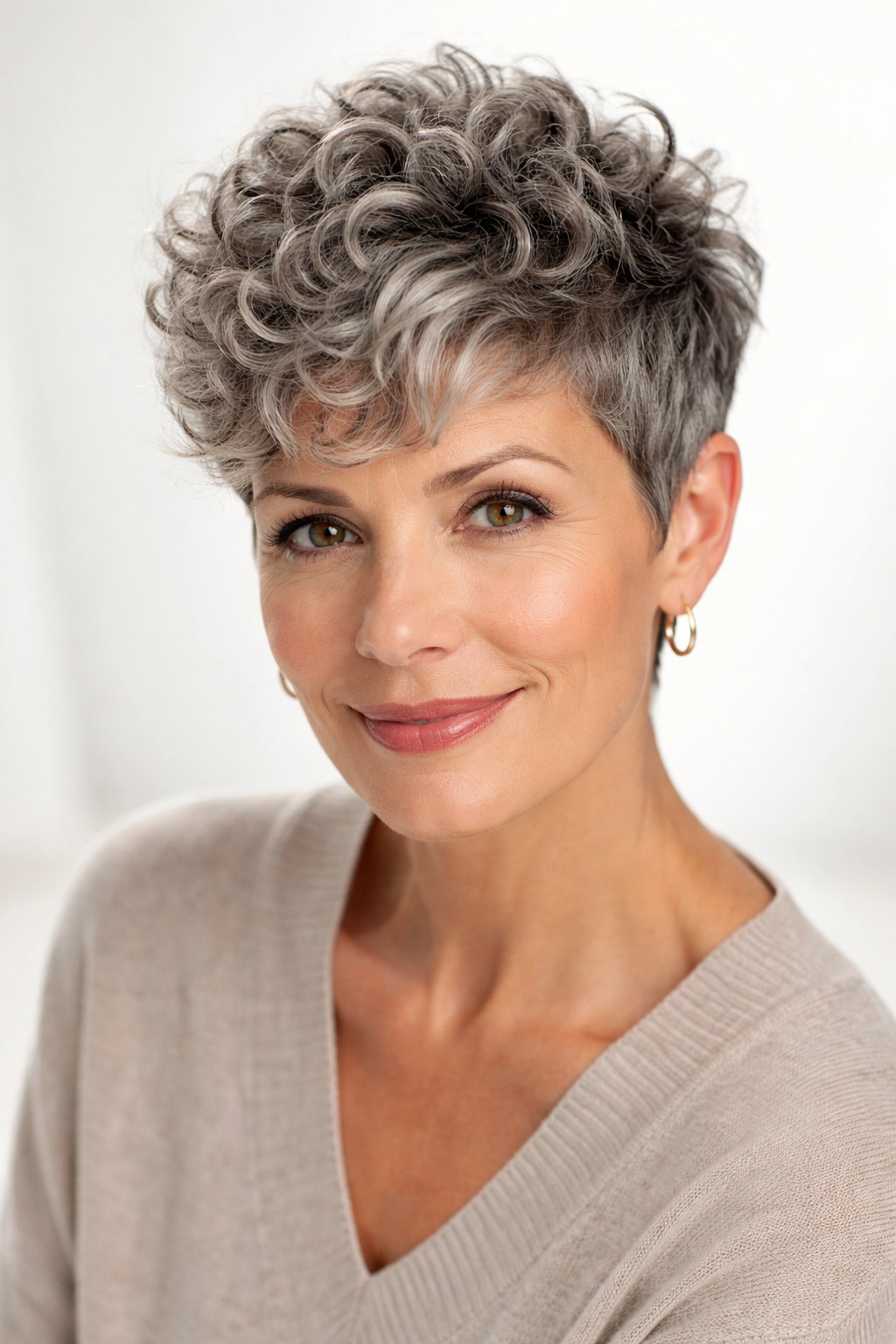 Bold short curly pixie with textured crown and tapered sides