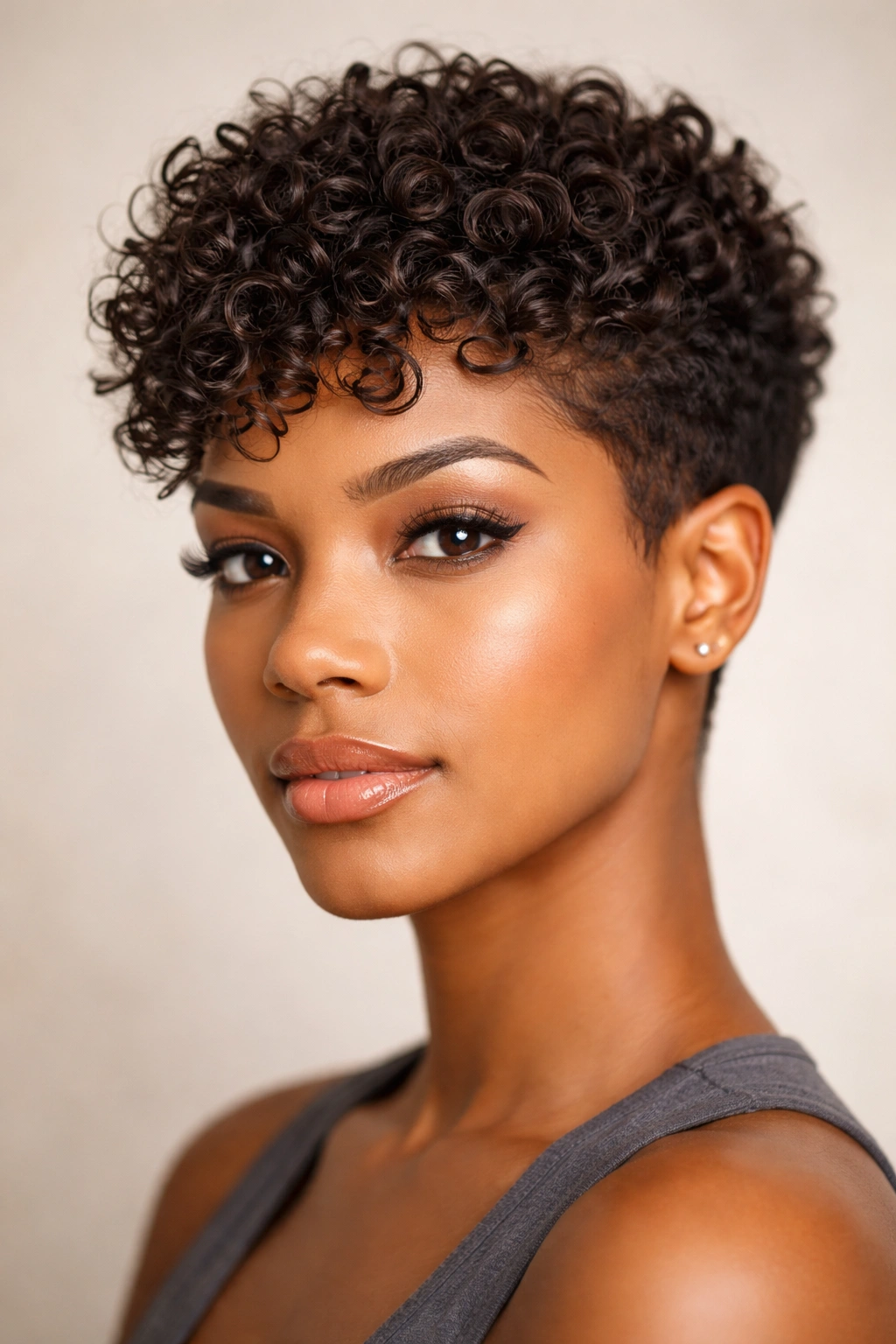 Curly pixie cut with short sides and longer top.