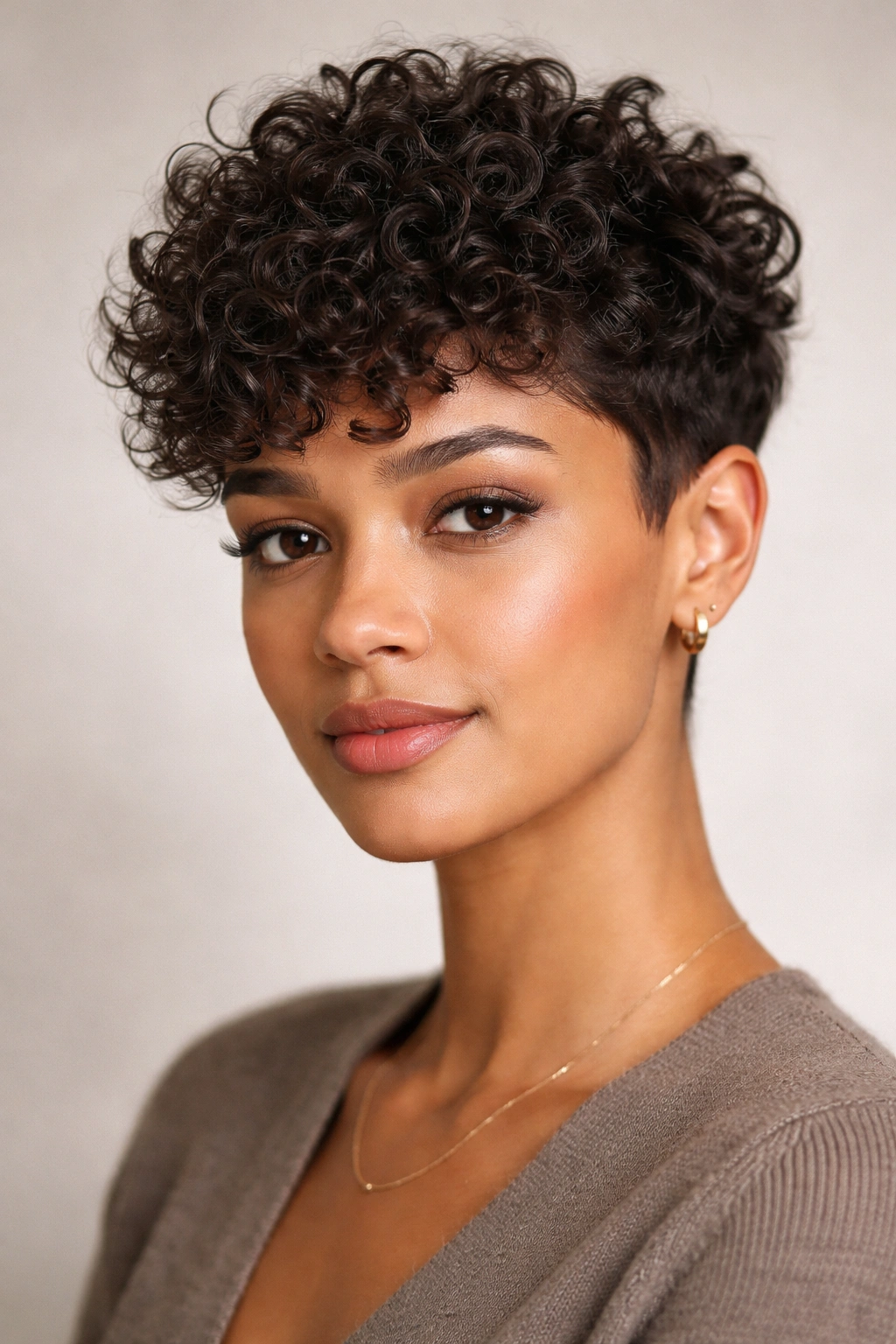 Close-up portrait of a textured pixie cut with tight curls and short sides