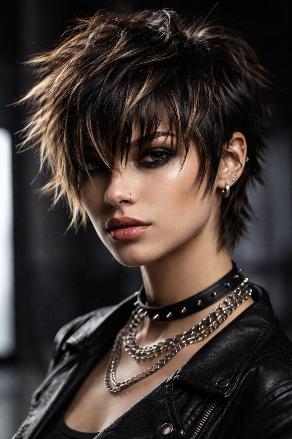 Close-up of choppy pixie with disconnected layered bangs showing bold separation
