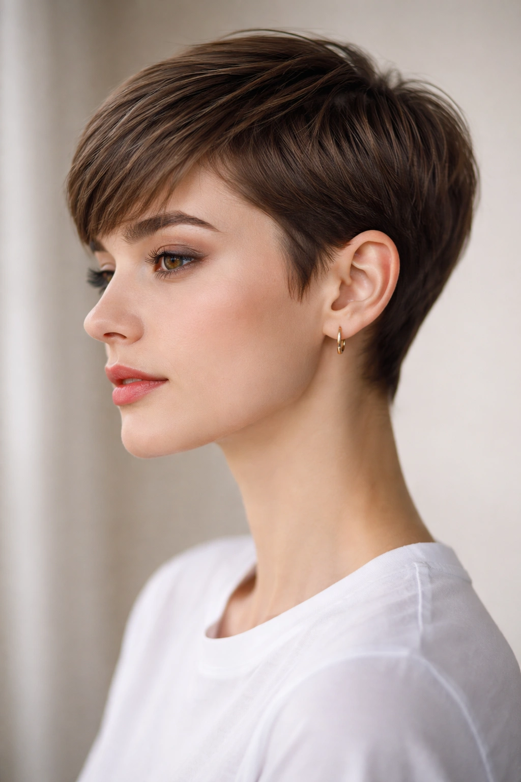 10 Short Haircuts That Tuck Behind The Ears Perfectly 1 Three-quarter profile of a classic pixie cut with ears tucked behind, soft studio lighting