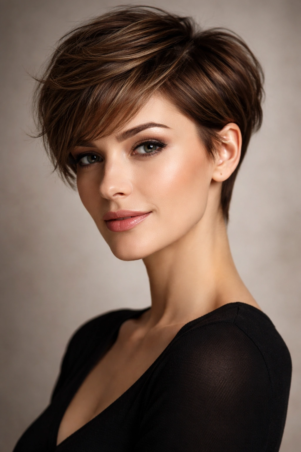 Portrait of a woman with an elegant pixie cut