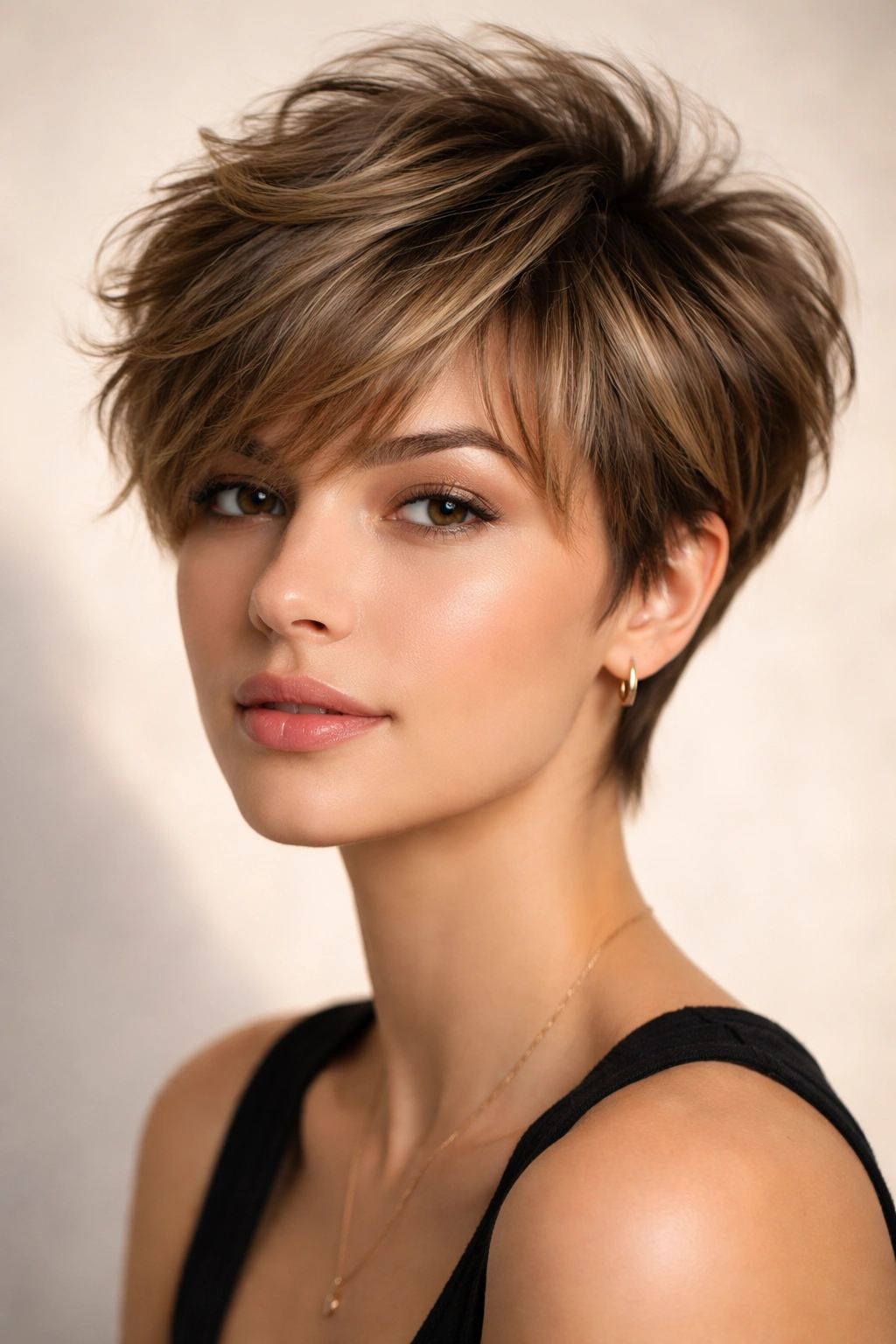 18 Pixie Cuts With Bangs For Any Face Shape 3 Portrait of voluminous pixie with feathered bangs framing the face