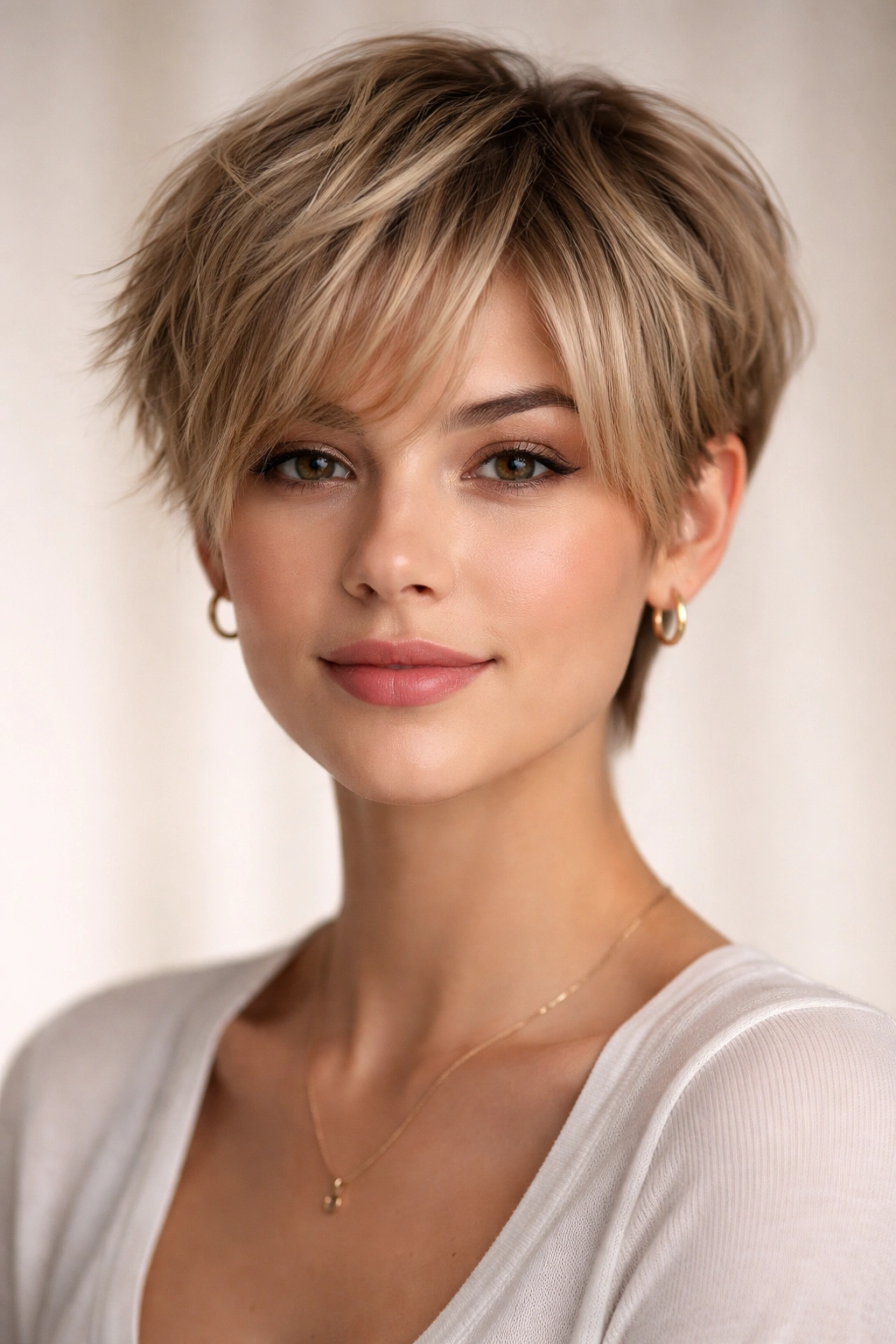 Close-up of textured pixie cut with feathered curtain bangs framing the face