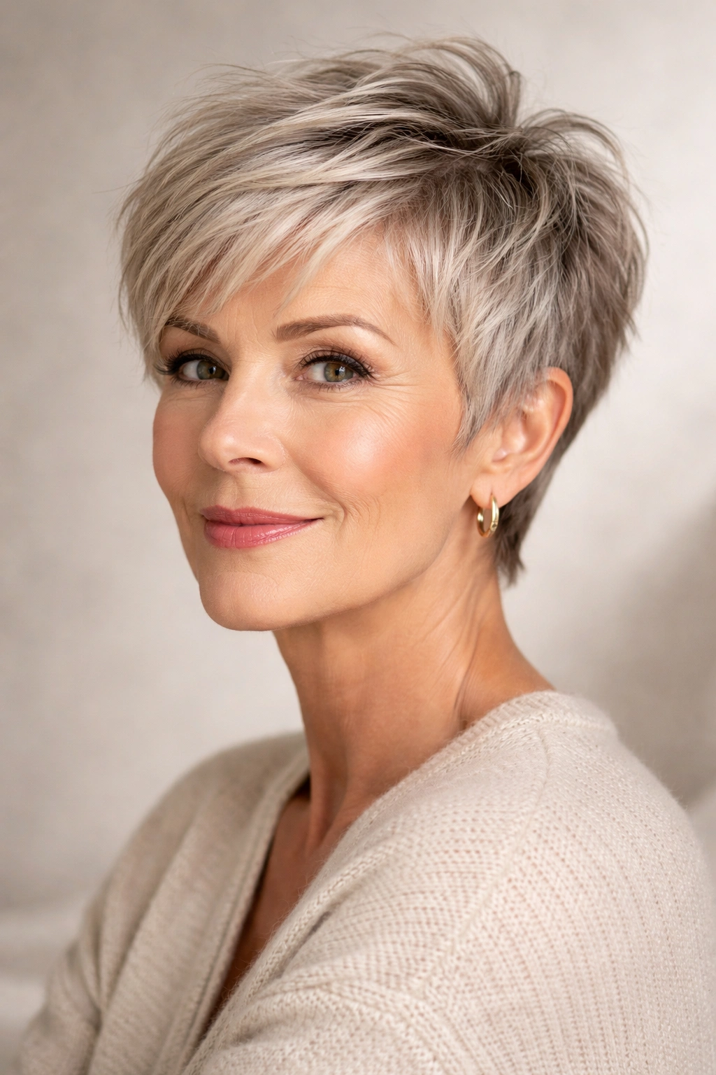 Older woman with textured modern pixie cut showing volume in fine hair
