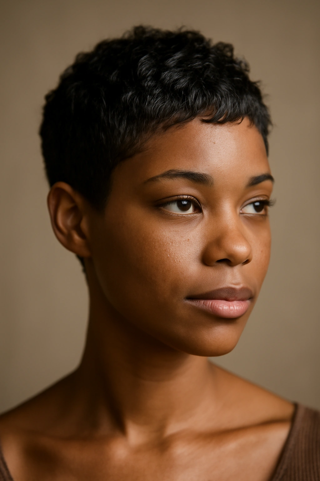 10 Short Haircuts for Black Women With Fine Hair 1 Close-up portrait of a Black woman with a textured pixie cut showing defined curls at the roots