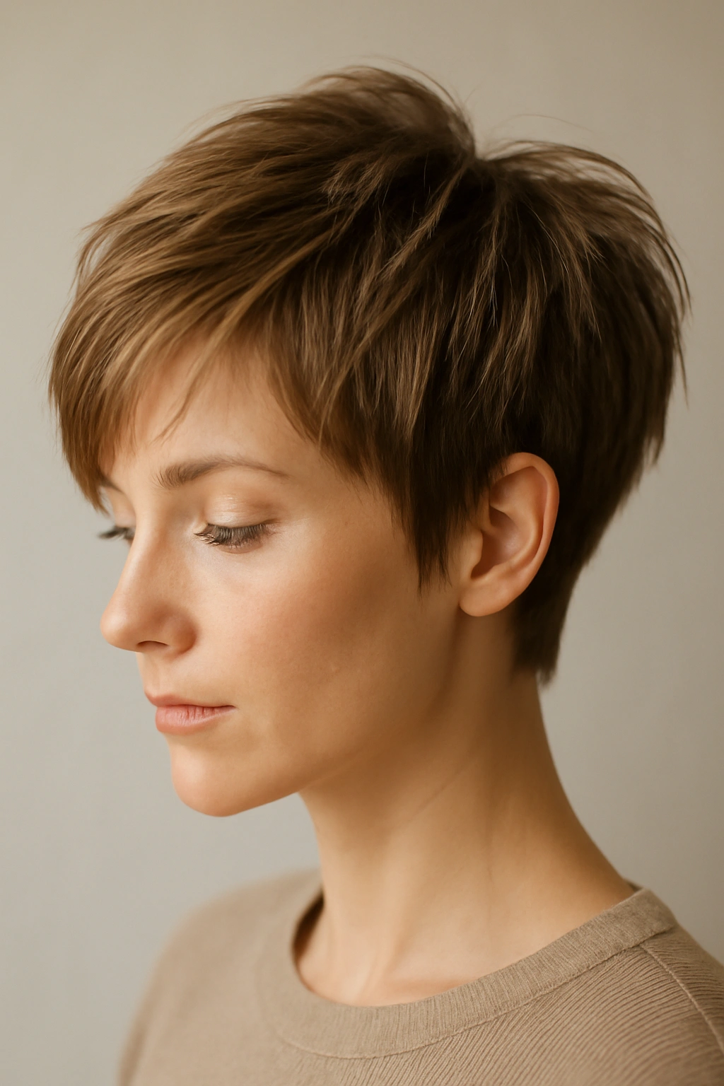 20 Layered Haircuts Sorted by Length and Hair Type 1 Close-up of a textured pixie cut showing crown layering for fine straight hair
