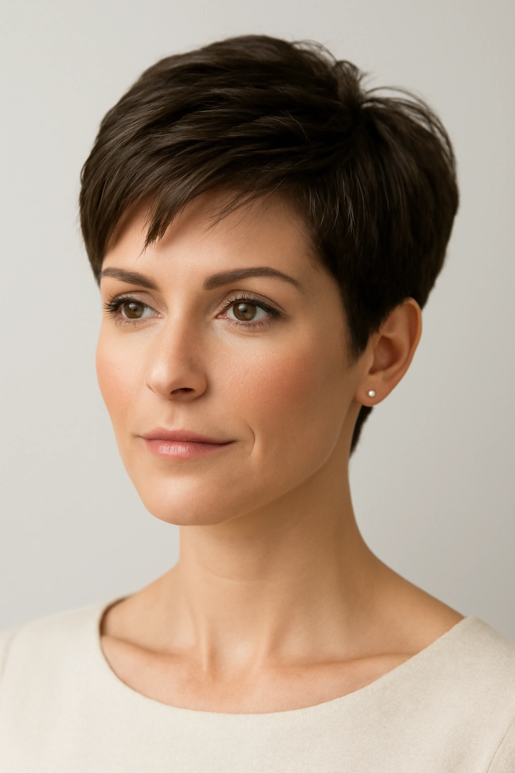 Mother of the Bride? 12 Pretty Short Hair Styles 2 Model with sophisticated pixie cut, close-up studio portrait showing textured hair.
