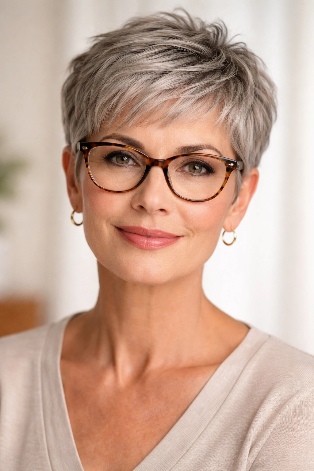 Portrait of a mature woman with a textured pixie cut and glasses