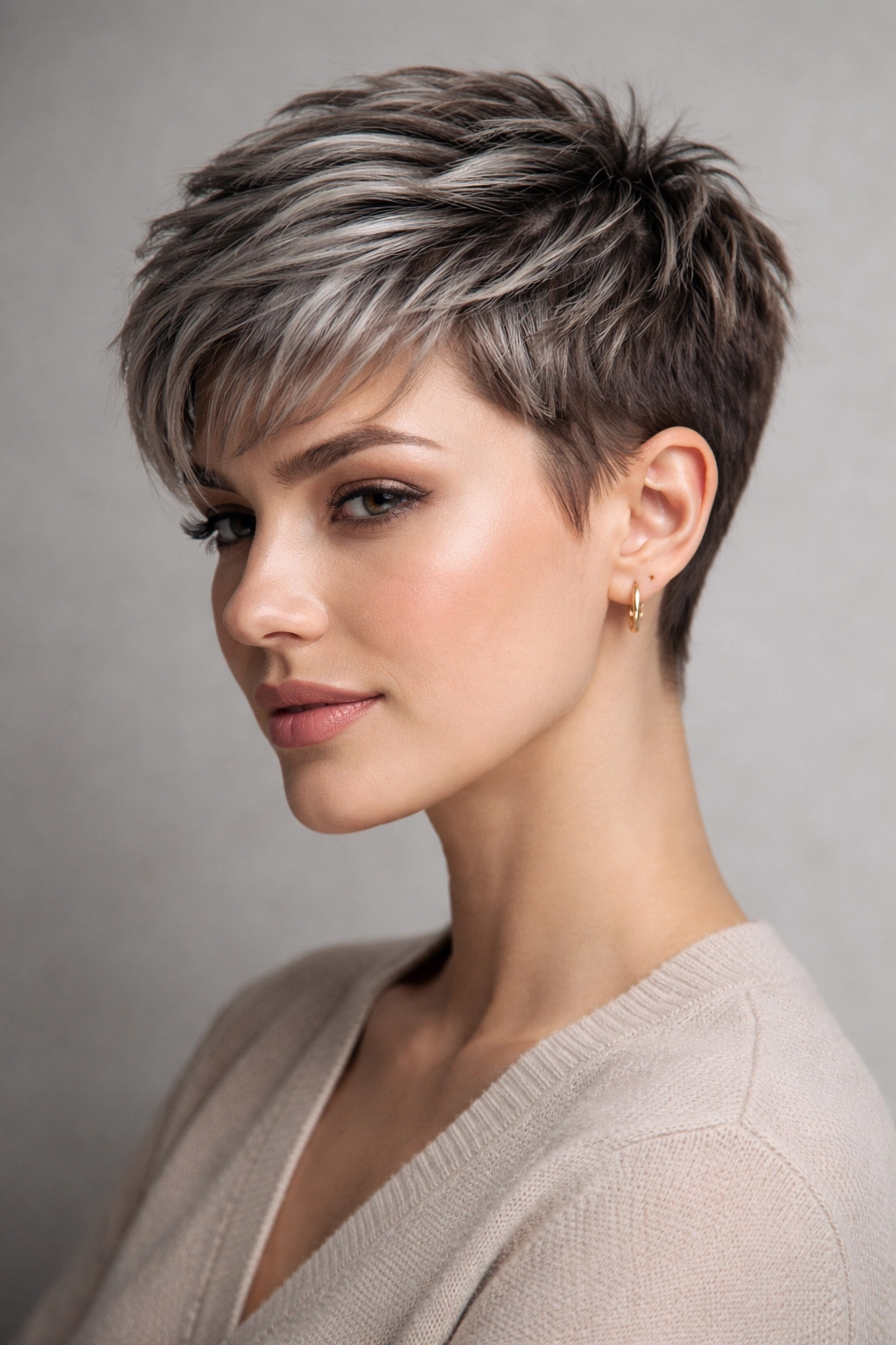 Close-up of textured pixie cut with gray highlights on top in a studio setting