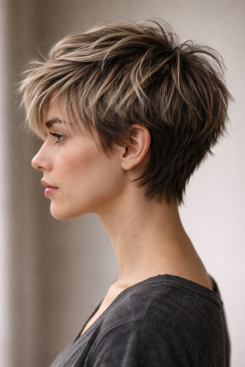 Pixie cut in grow-out transition with longer top and texture