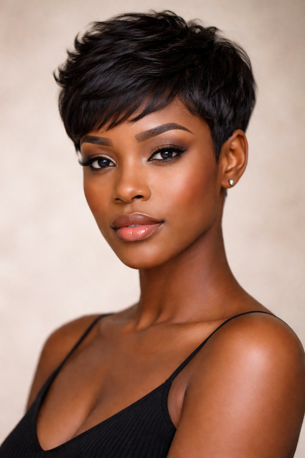 Close-up portrait of a Black woman with a classic pixie cut showing short sides and longer textured top
