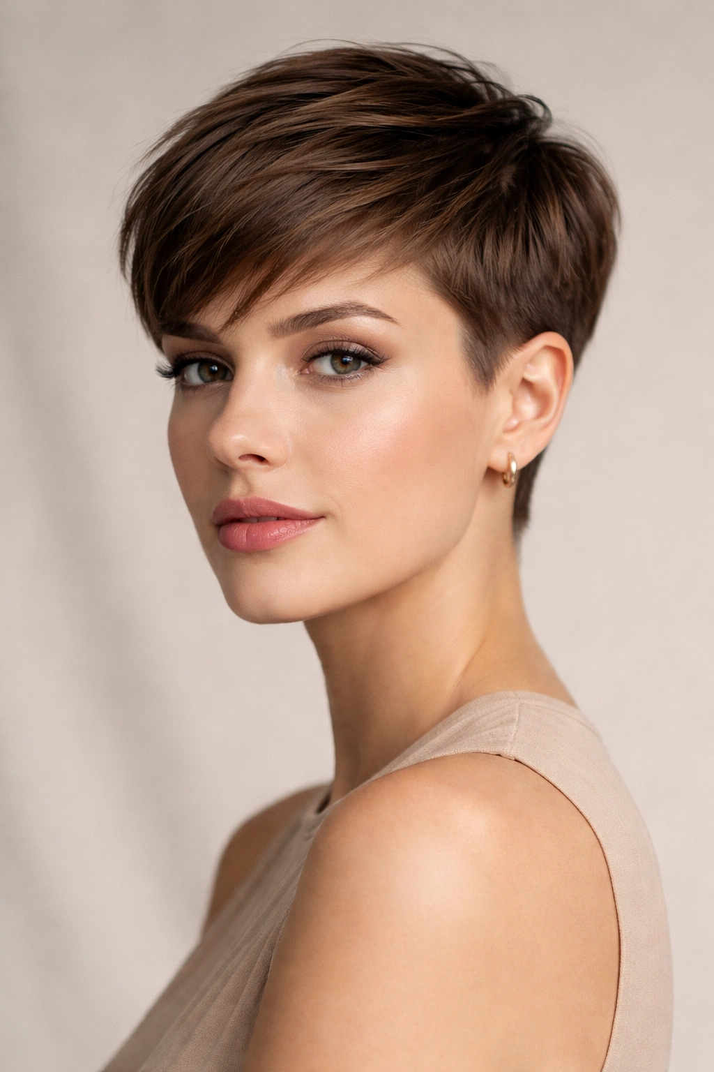 Close-up portrait of a woman with a classic pixie cut featuring short sides and longer top.