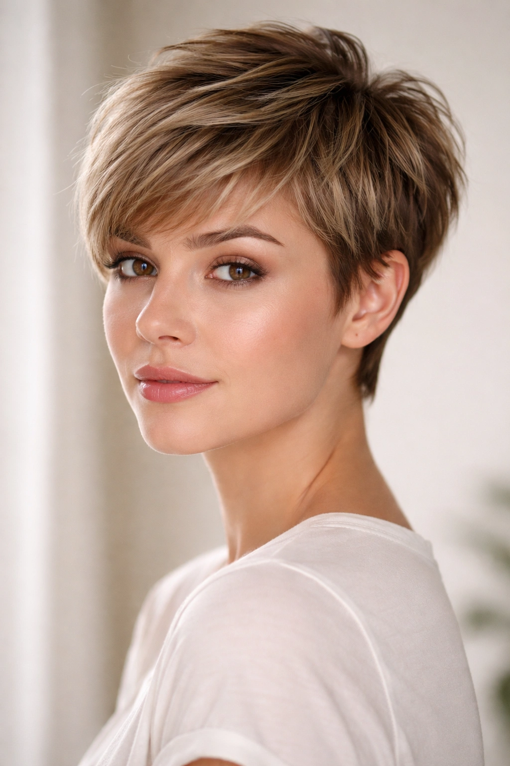 Close-up portrait of a person with a textured pixie cut and tapered sides.