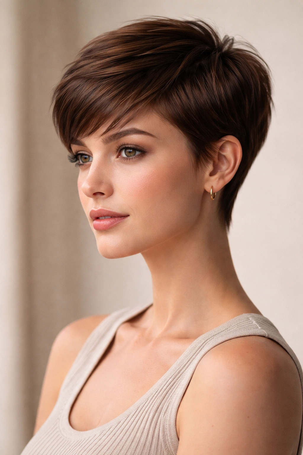 Close-up portrait of a head with a classic pixie cut showing short sides and longer top