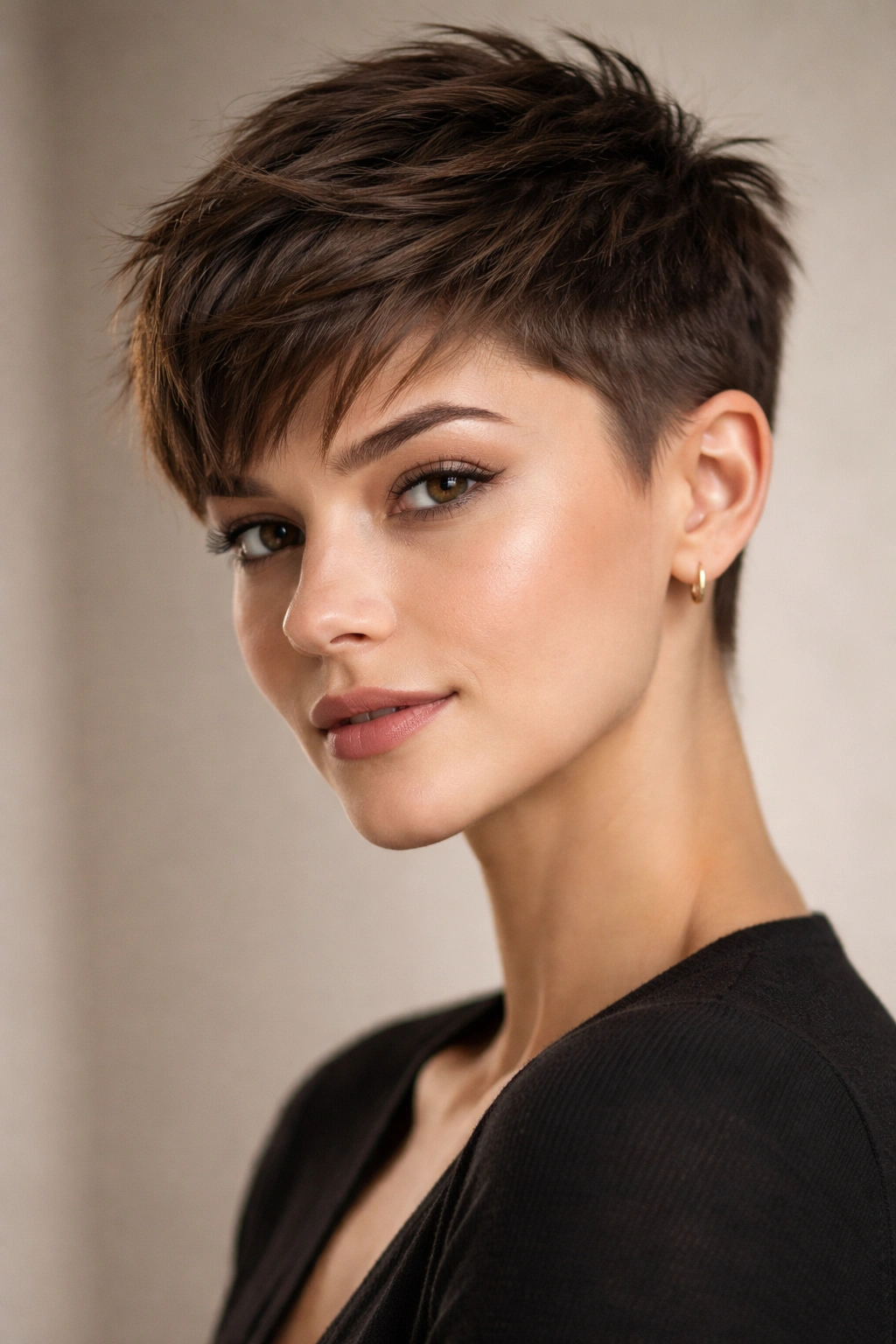 15 Easy Haircuts That Are Simple To Maintain 1 Close-up of a person with a pixie cut featuring short sides and a textured top in studio lighting