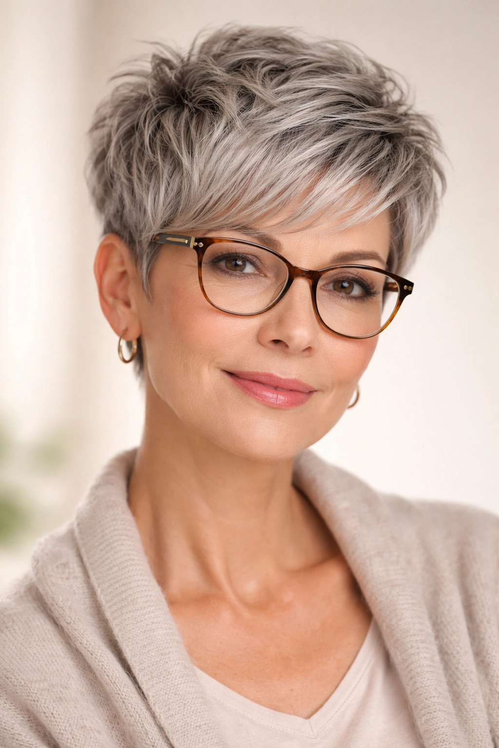 Woman with textured pixie cut and glasses