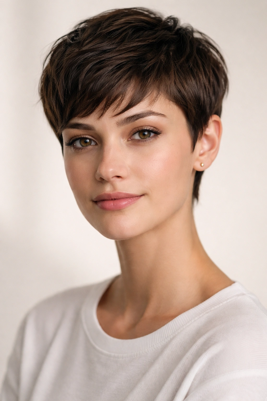 Close up of Classic Pixie Cut hairstyle on a model with short sides and textured top