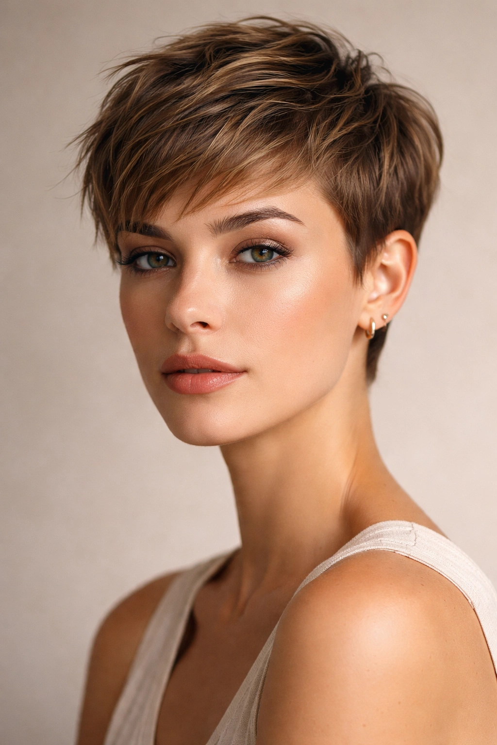 Going Super Short 15 Bold Haircuts To Consider 1 Close-up portrait of The Pixie Cut with cropped sides and longer top framing the face.