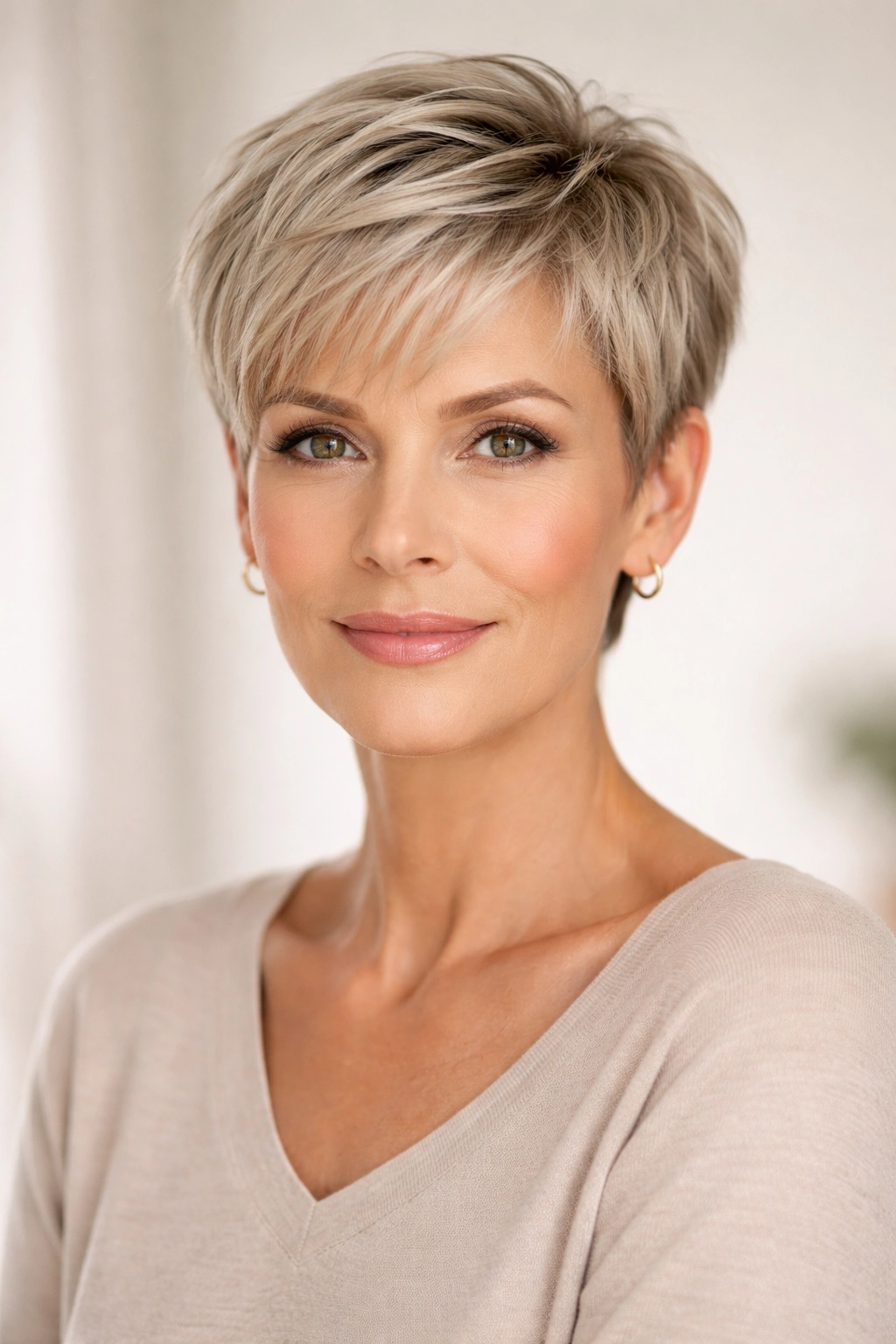 Close-up portrait of a woman with a classic pixie cut featuring short sides and textured top