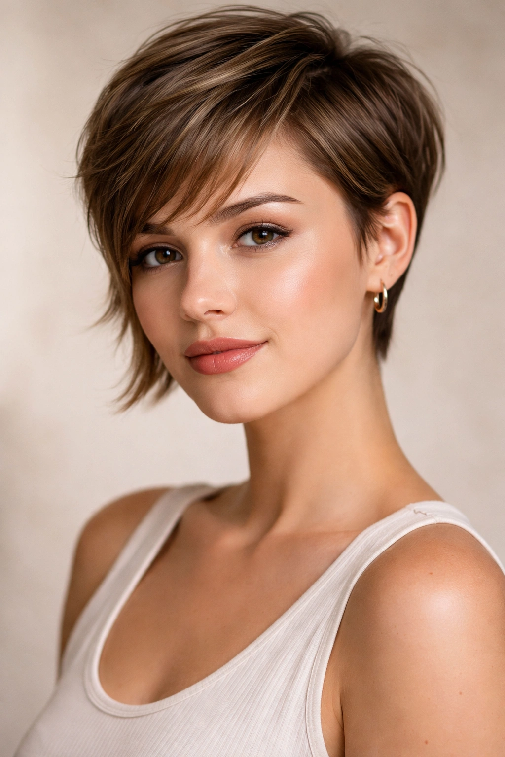 Portrait of a young woman with a heart-shaped face wearing a longer pixie with jawline-brushing front pieces.