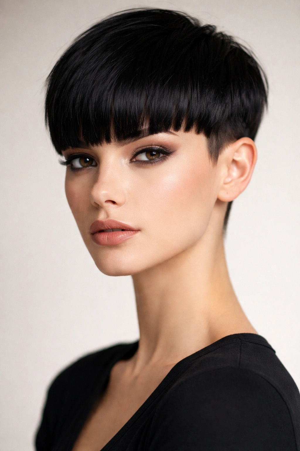 10 Short Haircuts With Thick Blunt Bangs To Try 1 Close-up of bold pixie cut with heavy blunt bangs on a neutral backdrop