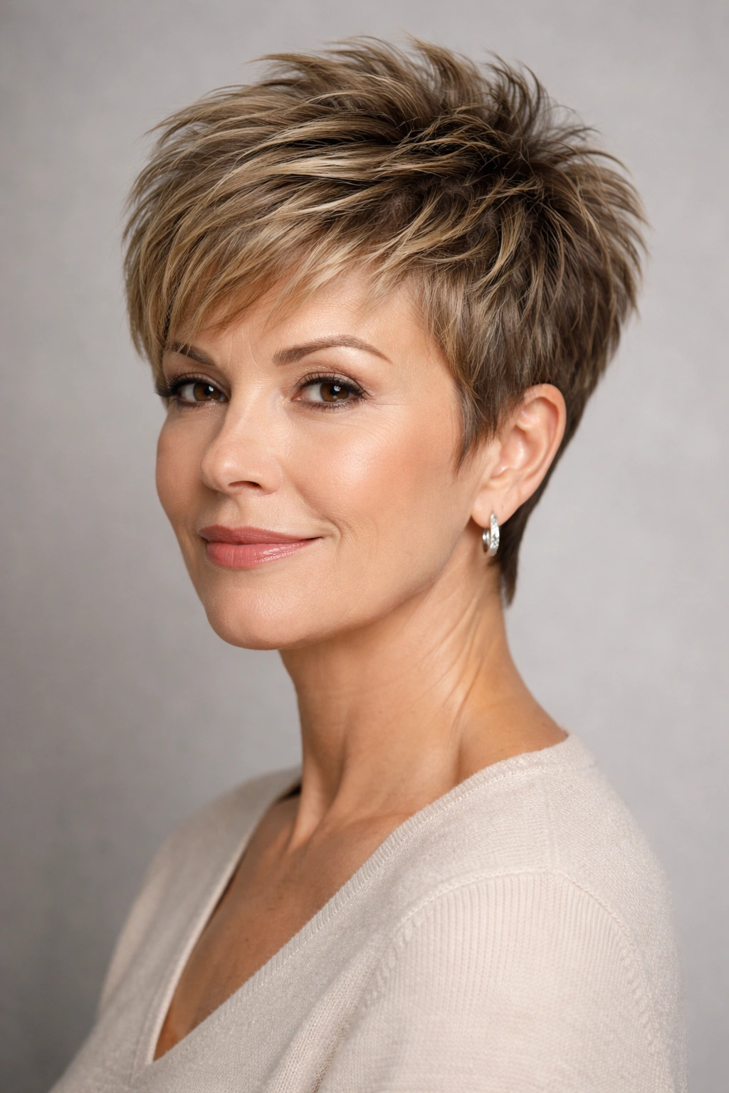 Close-up of textured pixie cut with crown lift on a model