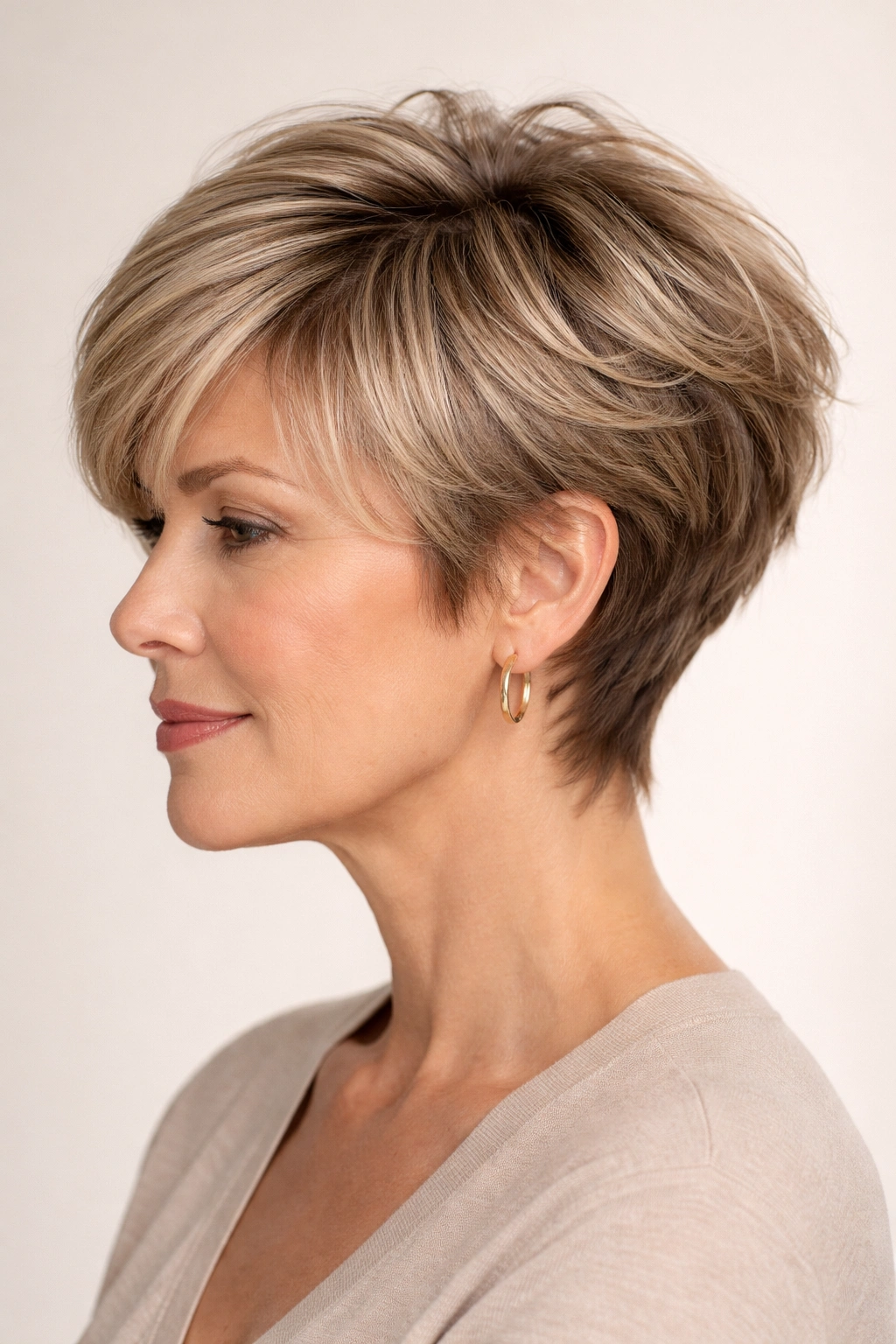 Layered pixie cut with textured layers creating volume