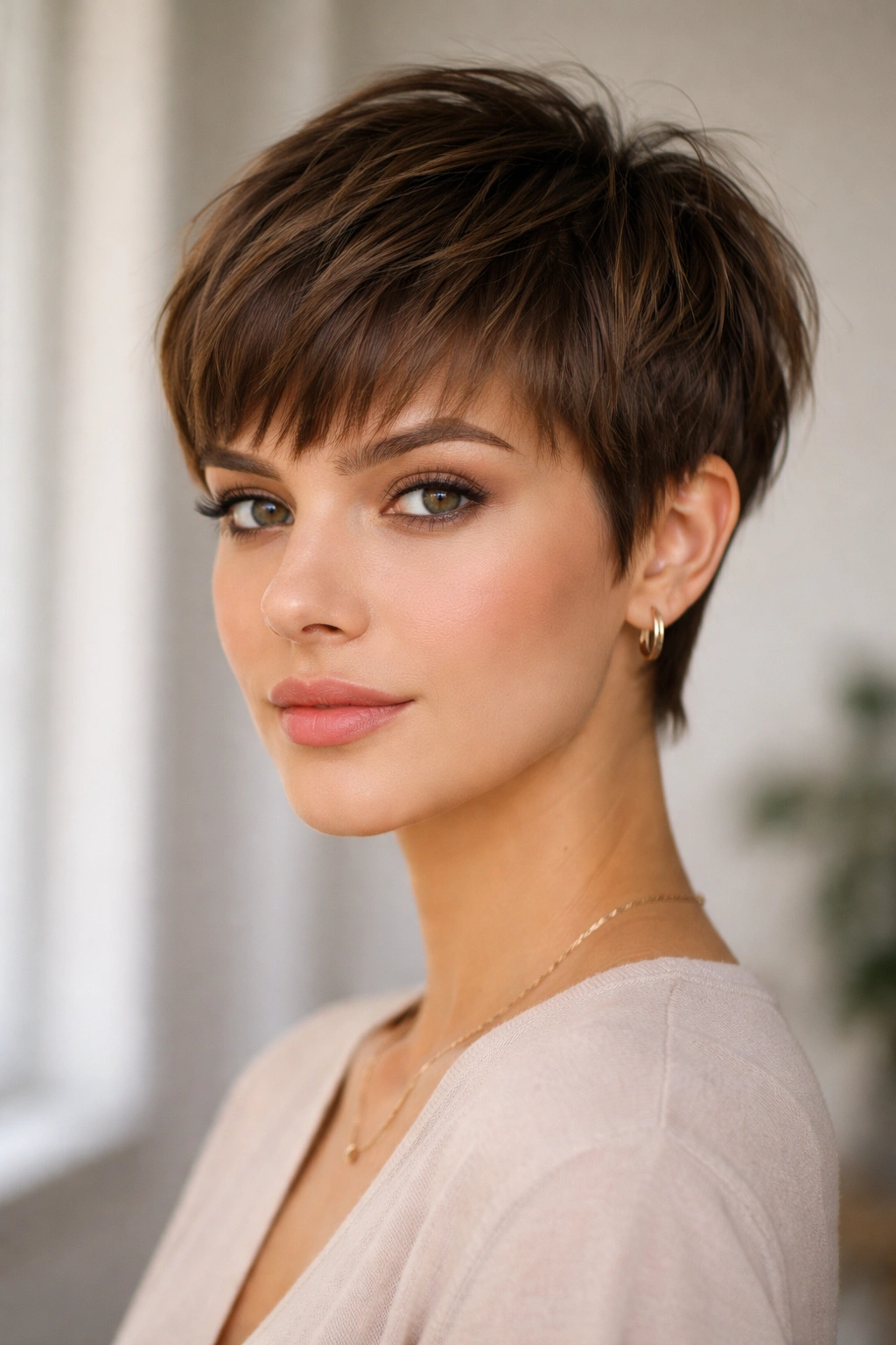 12 Short Haircuts With Long Layers That Flow Nicely 9 Close-up of blunt pixie with grown-out textured layers.