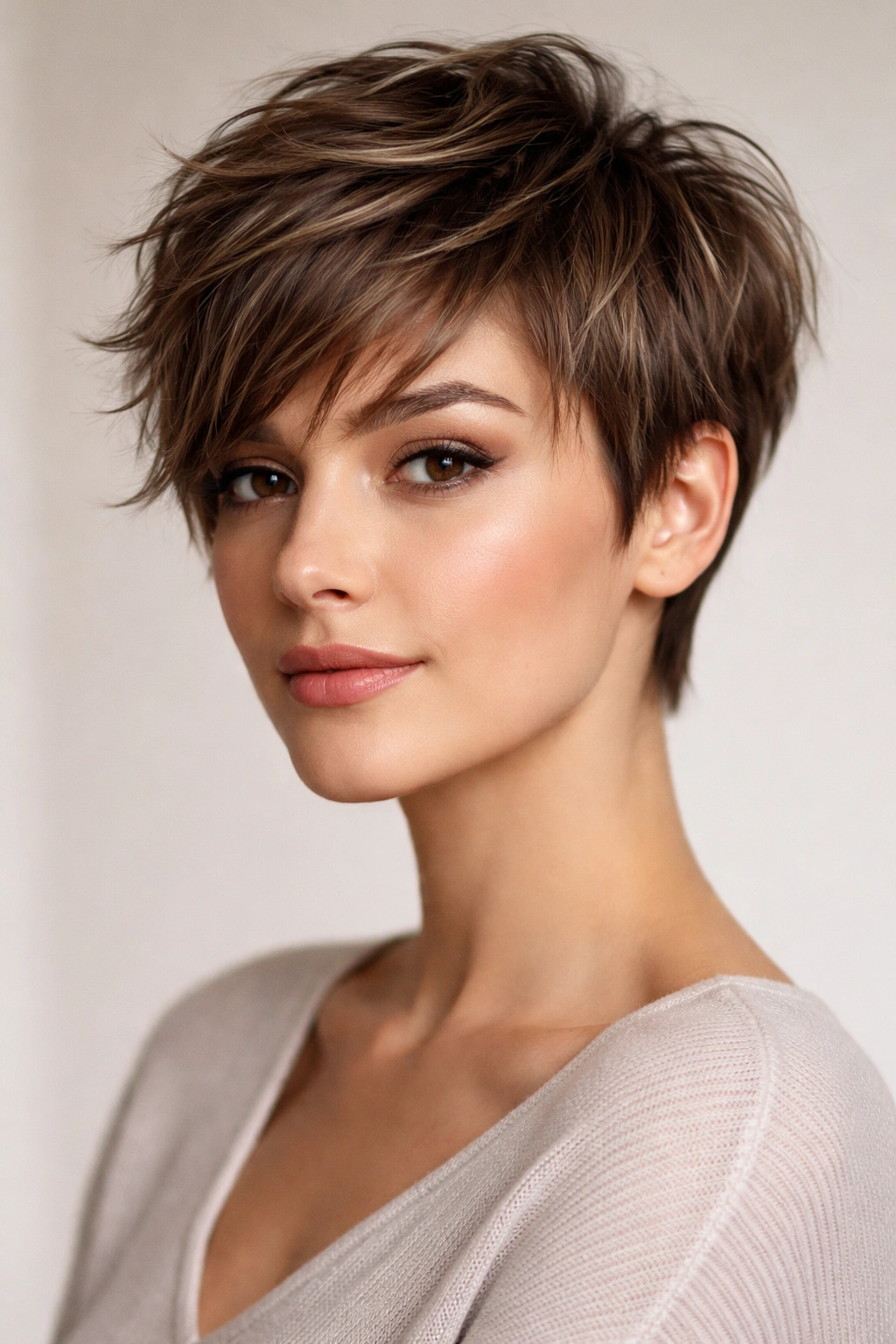 10 Short Haircuts That Give Flat Hair More Body 1 Close-up of a pixie cut with layered crown for added volume and texture