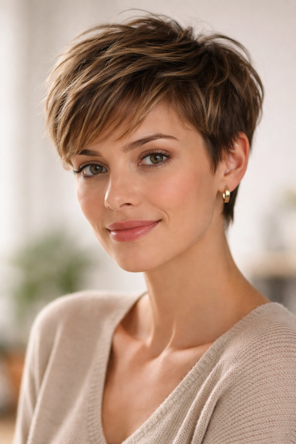 Close-up of a short pixie cut with defined shape and soft top movement in a neutral studio setting.