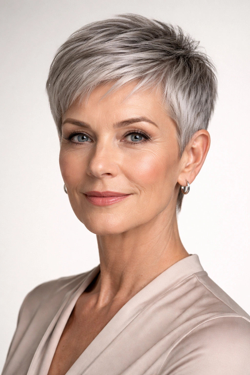 Close-up of a woman with a crisp pixie cut and sharp edges in a neutral studio