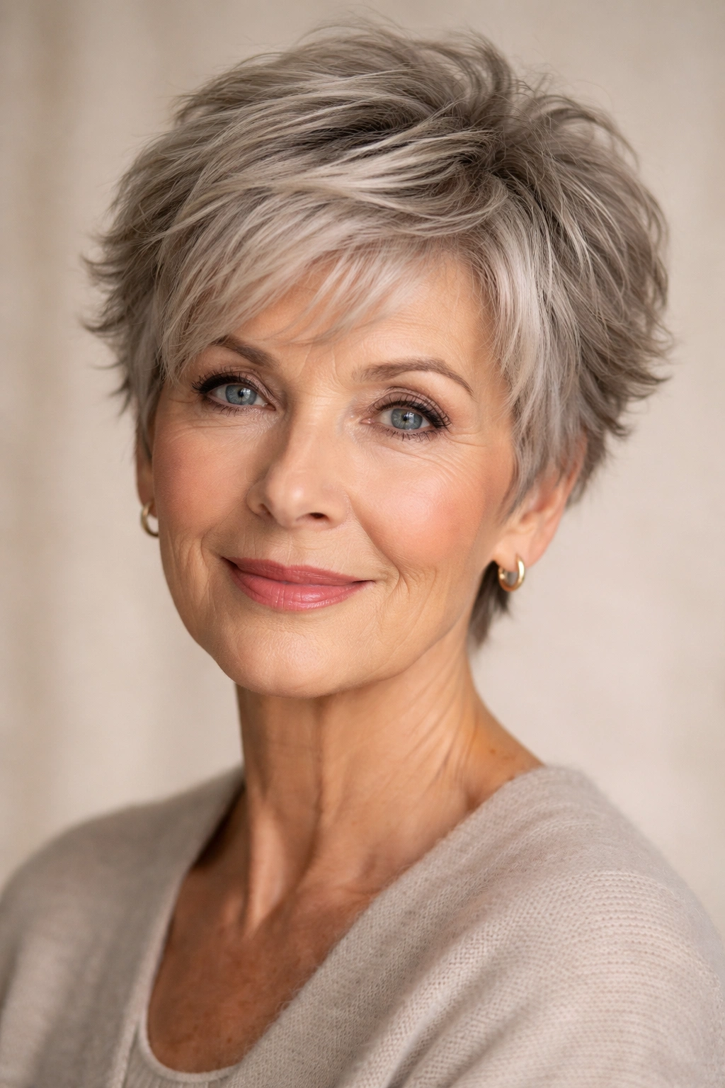 Close-up of a senior woman with a textured pixie cut highlighting cheekbones.
