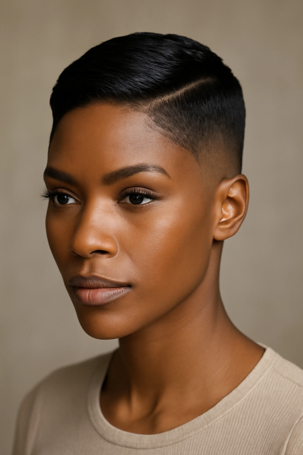 10 Middle Part Short Hairstyles for Black Women 1 Close-up of a Black woman with chic tapered pixie cut and middle part in a studio