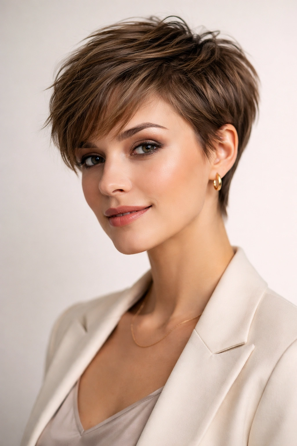 Woman with a modern textured pixie cut in a studio portrait