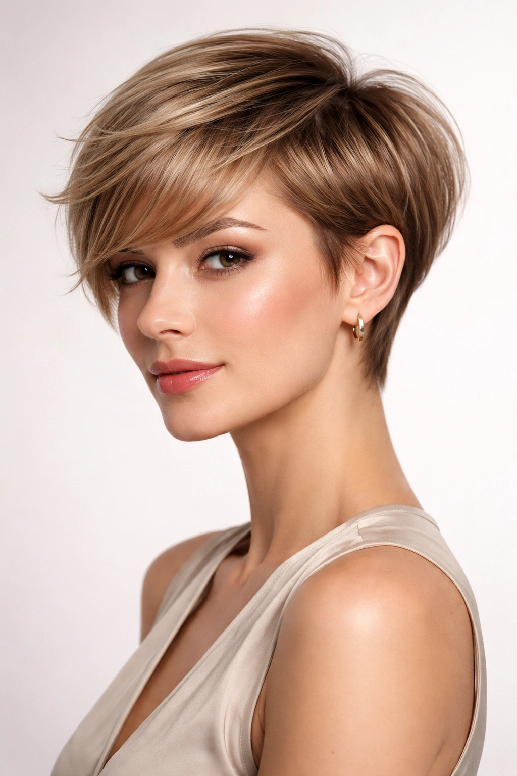Modern pixie cut with longer top and soft fringe on a confident model.