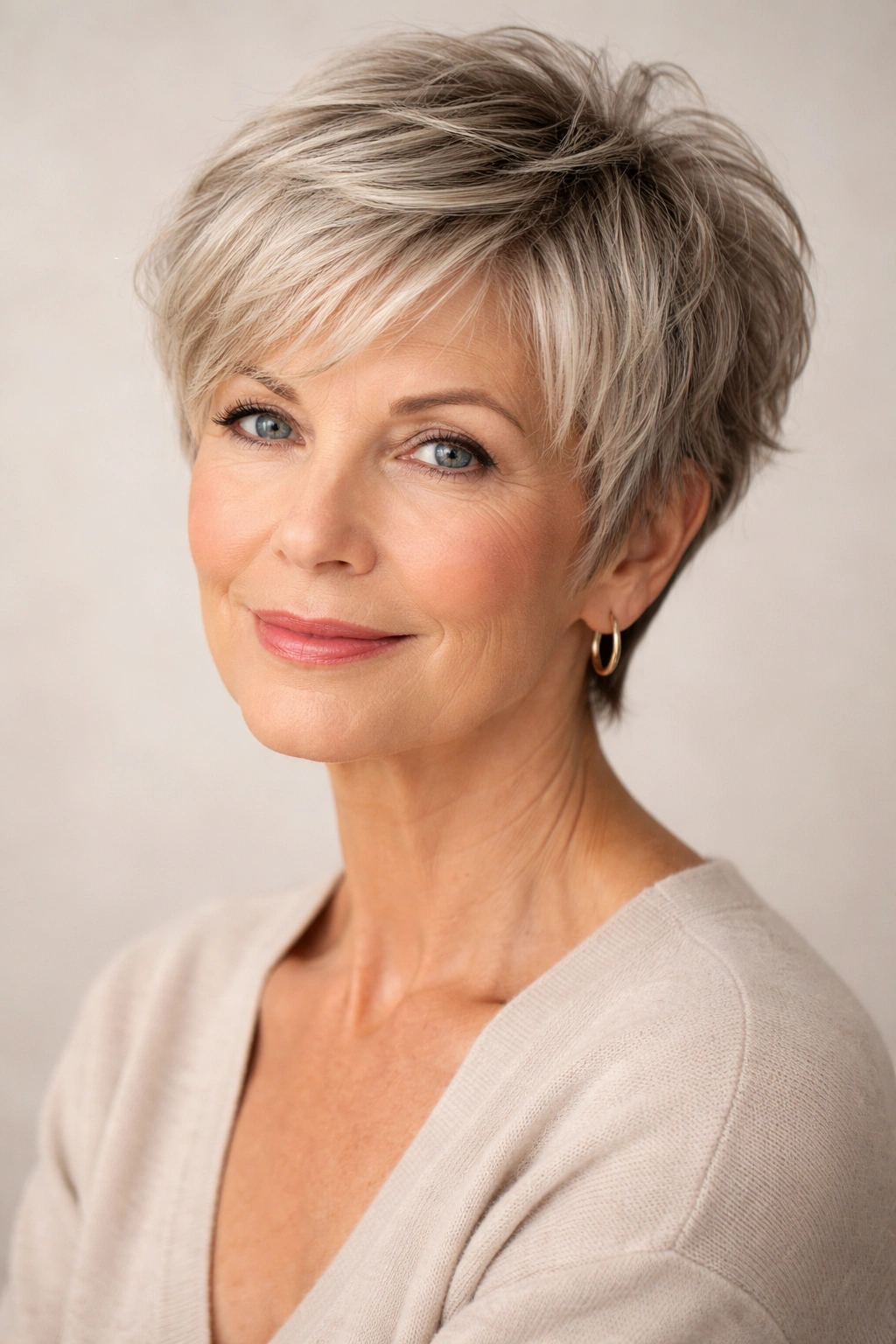 Close-up of an older woman with a textured pixie cut on an oval face, showcasing movement
