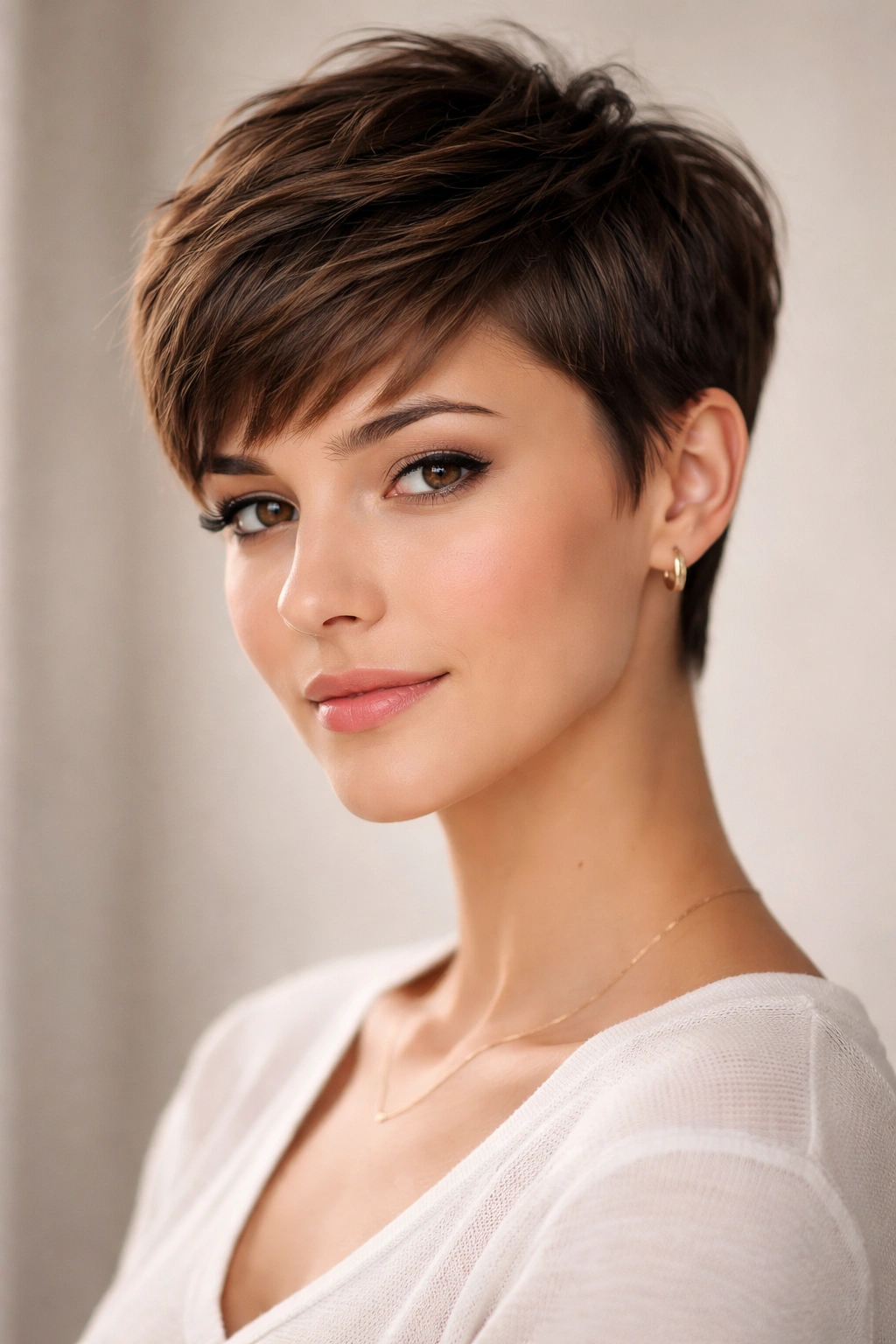 Close-up of a model with a classic tapered pixie for oval faces, short sides and textured top