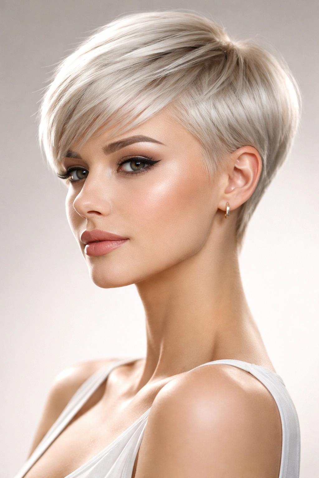 Close-up of Sleek Pixie with Cool Platinum Blonde in studio lighting