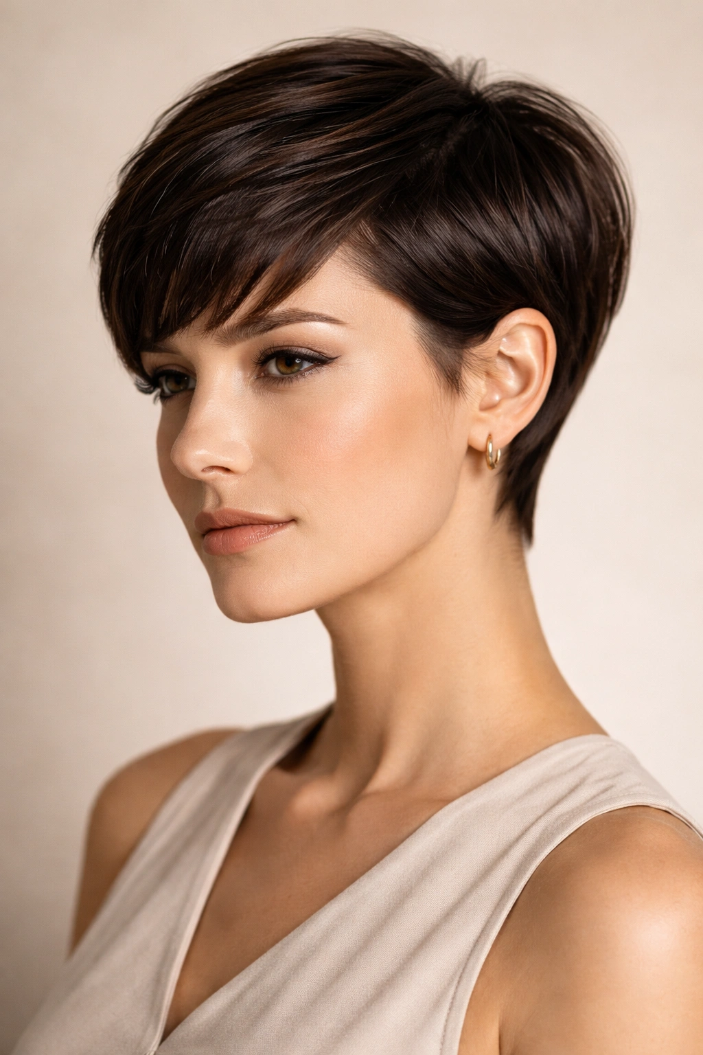 15 Polished Hairstyles That Look Put Together 8 Portrait of a person with a tight, polished pixie cut showing sharp edges