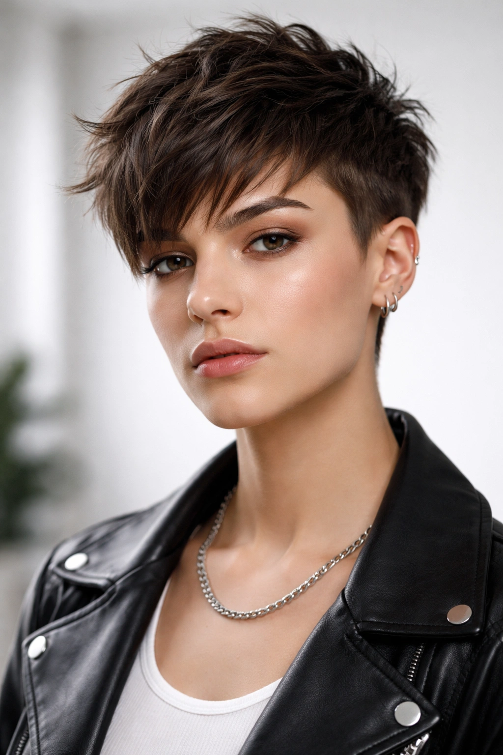 Portrait of a person with a modern pixie cut and textured fringe in a clean studio