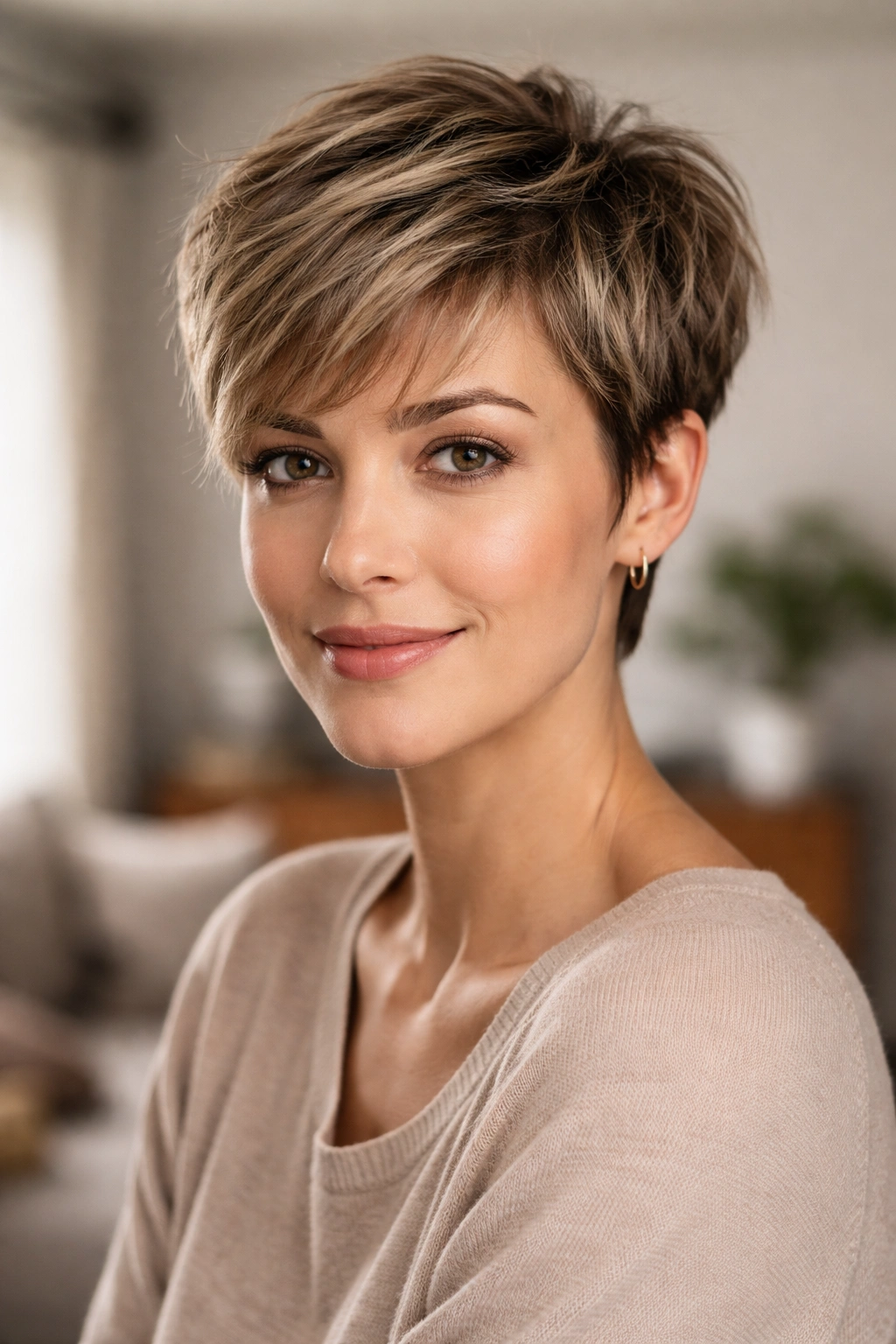 Close-up portrait of a person with a textured pixie cut and layered crown