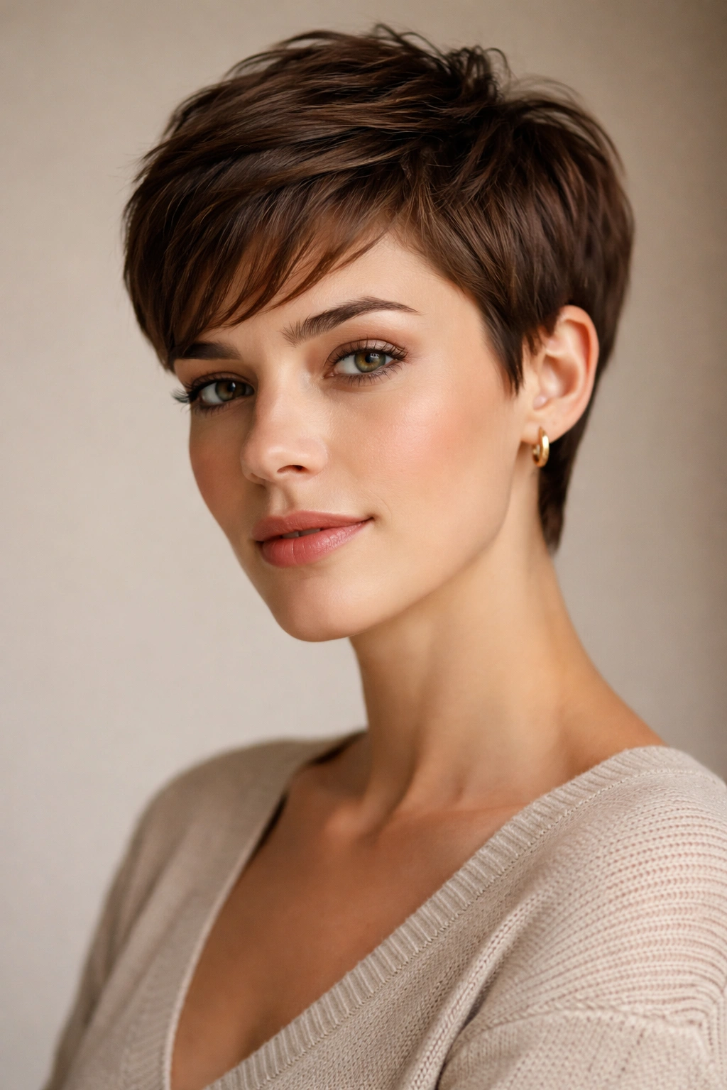 30 Short Haircuts That Flatter Almost Every Woman 1 Close-up of a classic pixie cut showing short sides and a longer top.