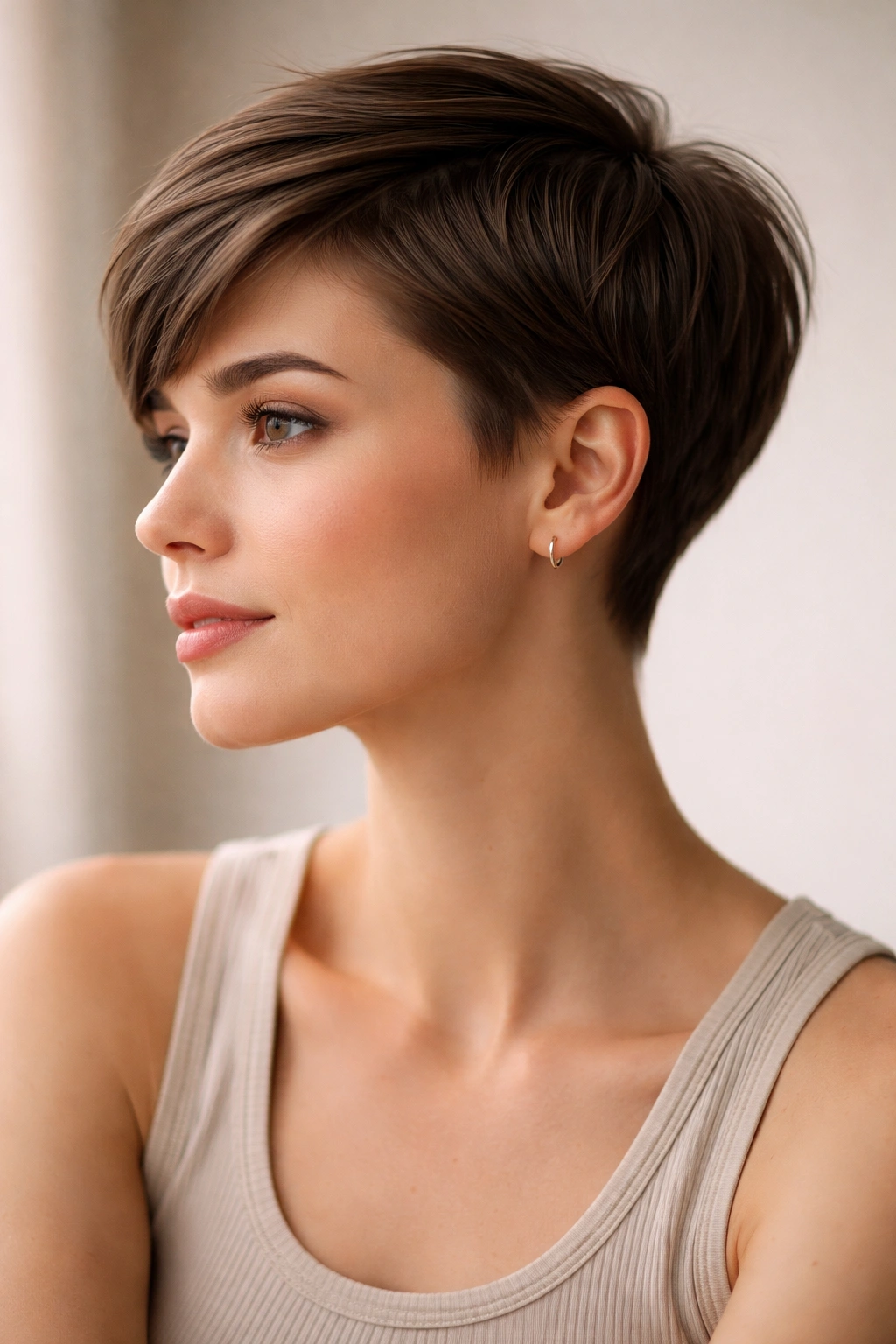 12 Boyish Short Haircuts Women Keep Asking For 1 Portrait of a woman with a classic pixie cut, tapered sides and longer top, studio lighting