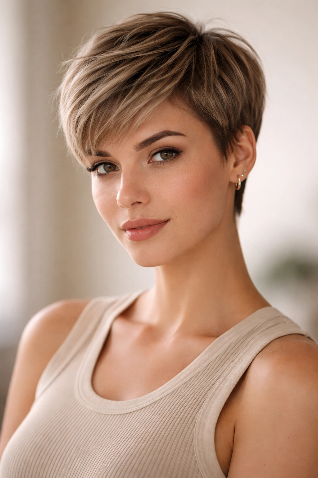 12 Short Pixie Cuts For Truly Low Maintenance 13 Close-up portrait of a person with a textured pixie cut in a neutral studio