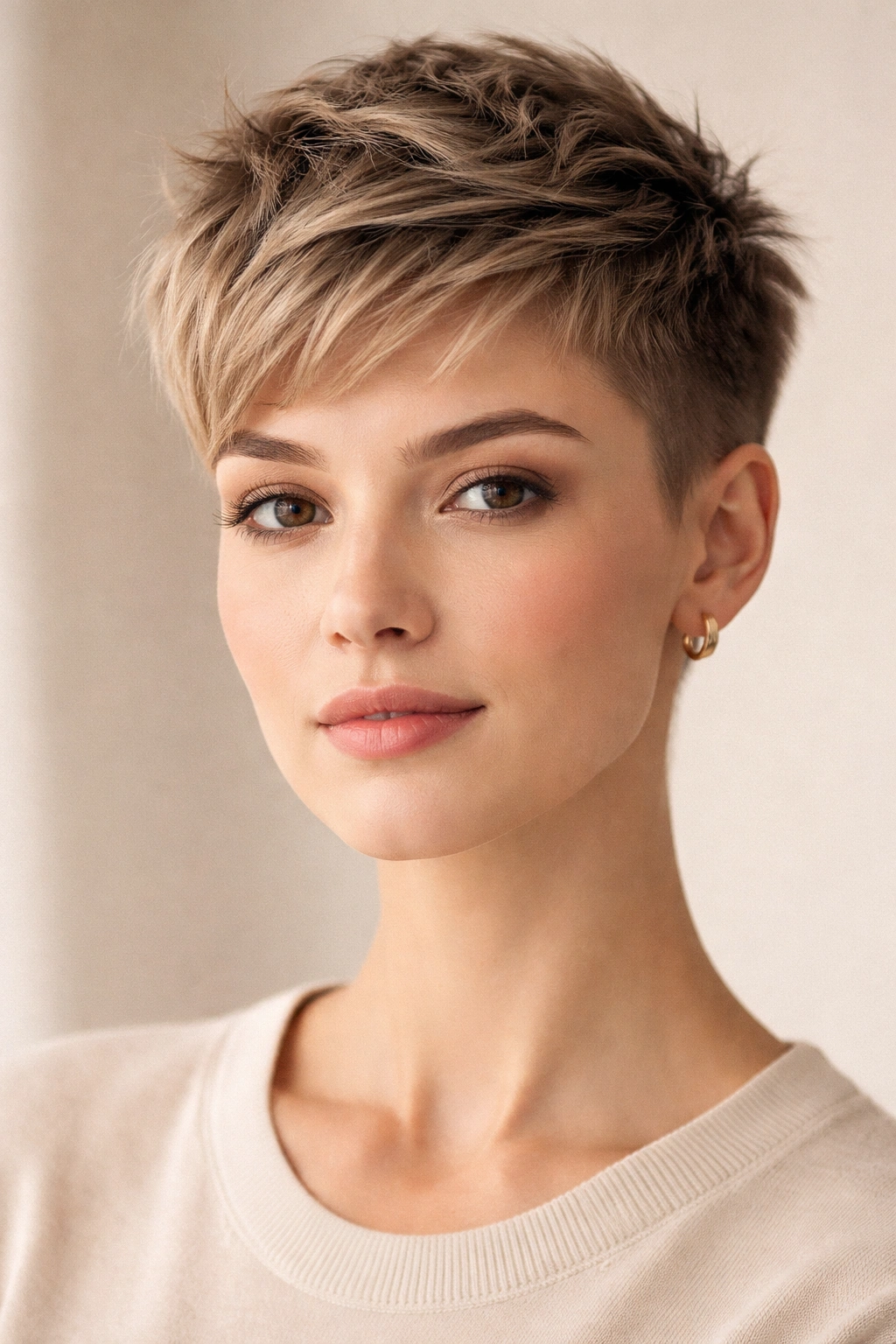 Close-up portrait of a person with a textured pixie cut on a neutral studio backdrop