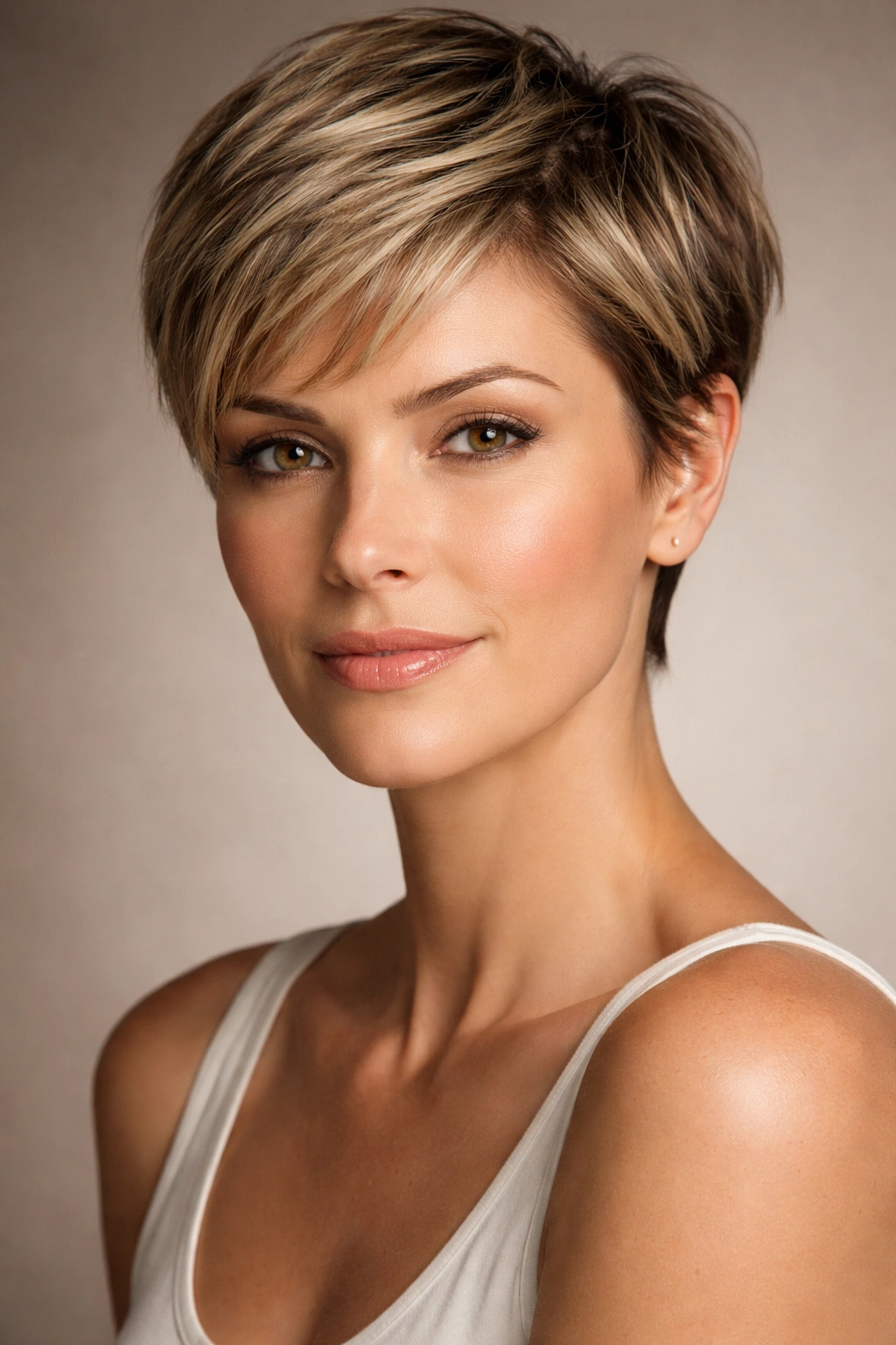 Portrait of a woman with a classic pixie cut highlighting facial bone structure.