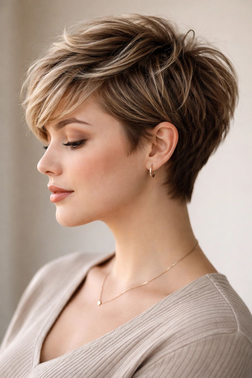 12 Pixie Cuts That Look Great On Rounder Faces 13 Close-up portrait of a person with a textured pixie cut showing layered short hair in a neutral studio