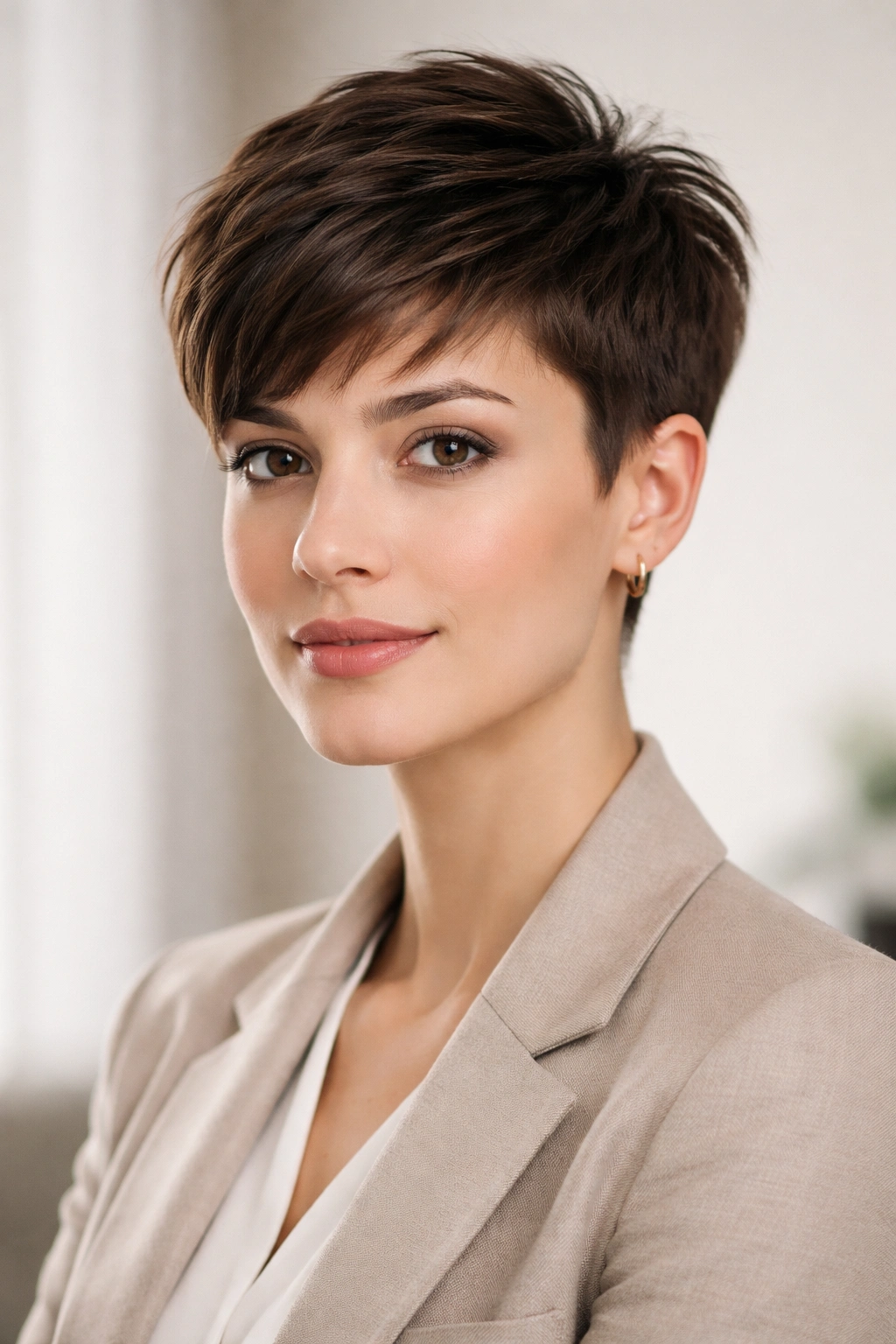 Close-up portrait of a person with a pixie cut featuring a longer top and tapered sides