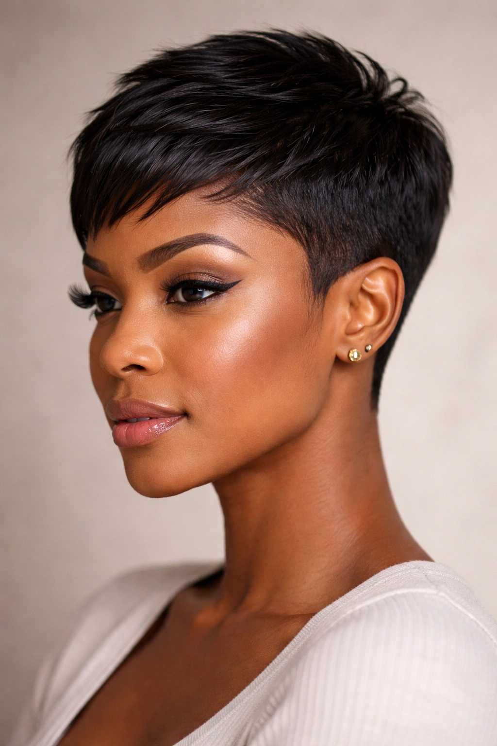 Close-up of a head with a sharp pixie cut on relaxed hair.